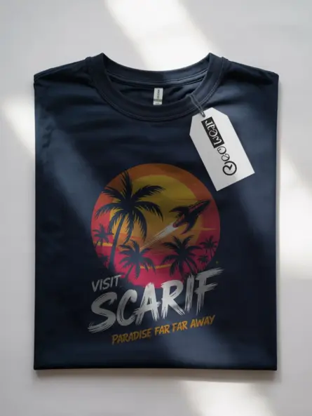 Navy 80s Style Sci Fi Location T-Shirt back view