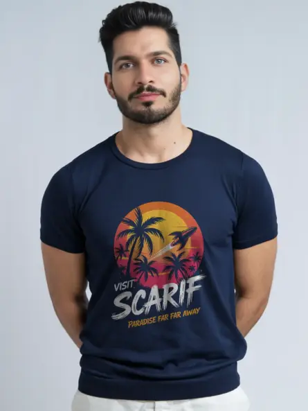 Navy Retro Sci Fi Travel Poster T-Shirt front view