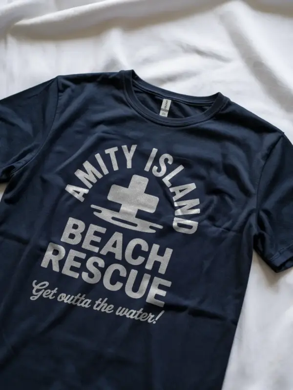 Navy blue vintage beach rescue logo t-shirt s-3xl featuring Amity Island get outta the water text
