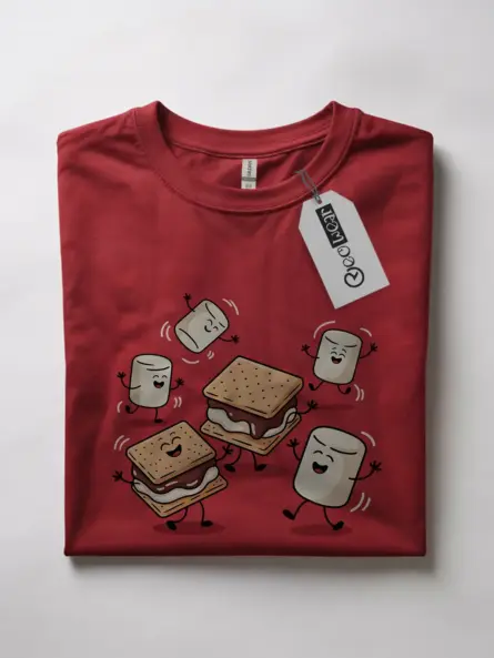 Red front view of how s’mores are made t-shirt – funny campfire graphic tee with marshmallow and chocolate