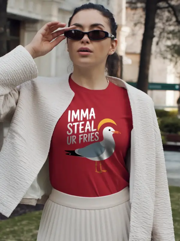 Red lifestyle view funny seagull t-shirt funny beach meme t-shirt with seagull