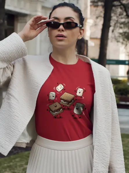 Red lifestyle shot of how s’mores are made t-shirt – humorous summer bonfire shirt for campers
