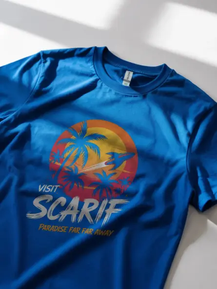 Royal Blue Retro Sci Fi Travel Poster T-Shirt front view