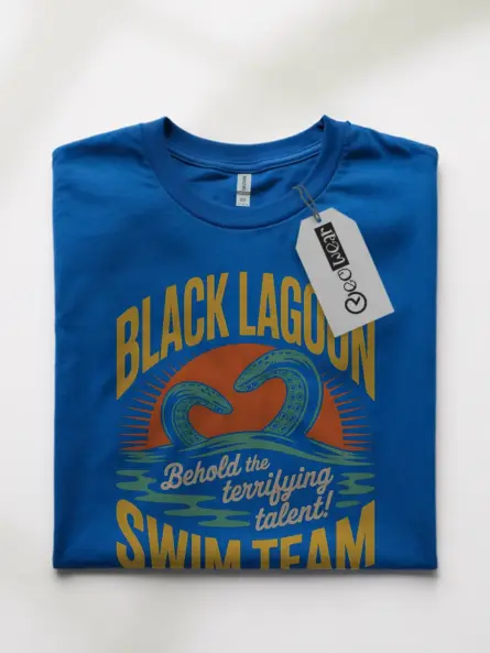 Royal Blue Retro Black Lagoon Swim Team T-Shirt front view