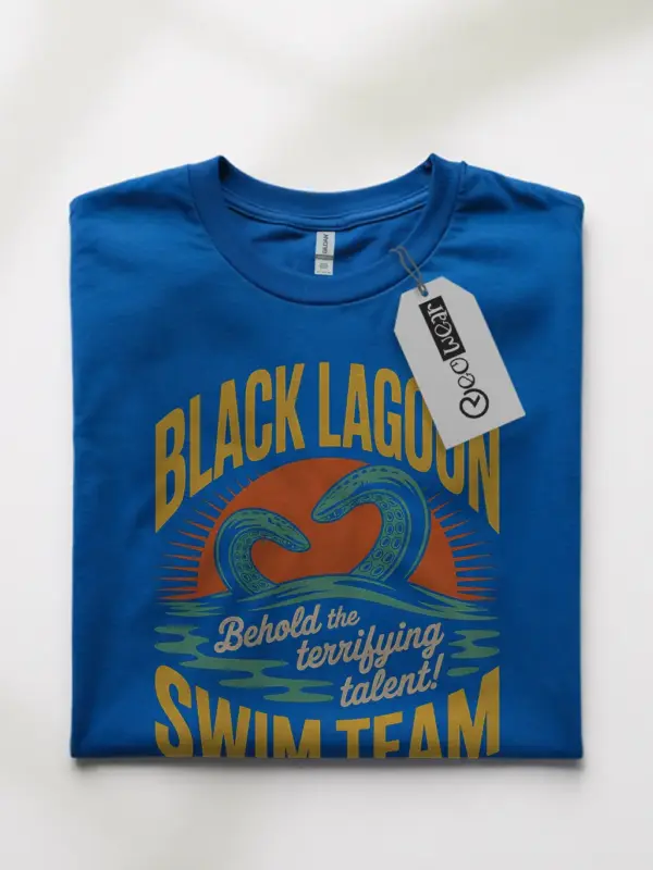 Royal Blue Retro Black Lagoon Swim Team T-Shirt front view