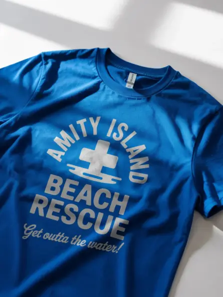 Royal blue amity island beach rescue retro tee displaying vintage medical emergency theme design