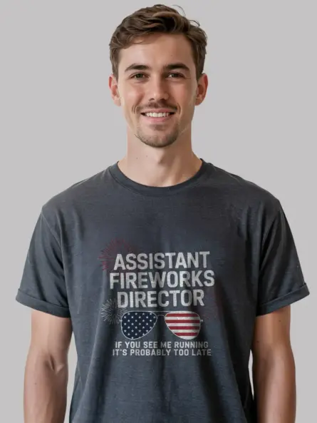 Dark heather assistant fireworks director tee – patriotic fireworks shirt