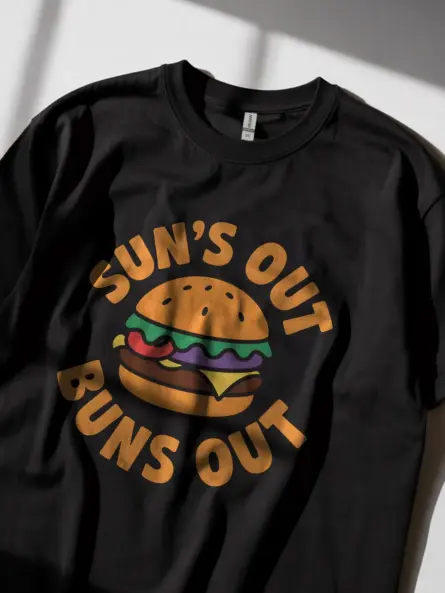 Black Sun's Out Buns Out Burger Tee – food humor apparel
