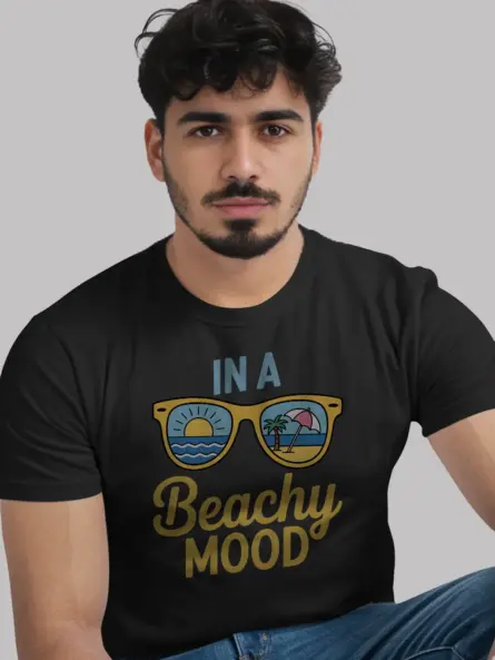 Black of beachy mood t-shirt with coastal sunglasses design – summer beach mood graphic tee