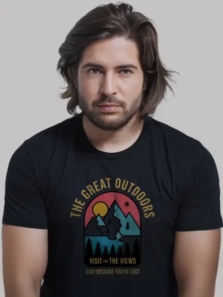 Black buy vintage outdoor adventure t-shirt retro mountain design t-shirt for hikers front view