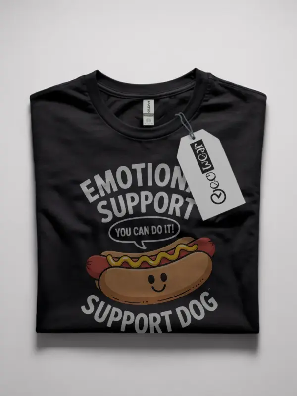 Black Emotional Support Dog Shirt Funny cute cartoon hot dog emotional support tee front view