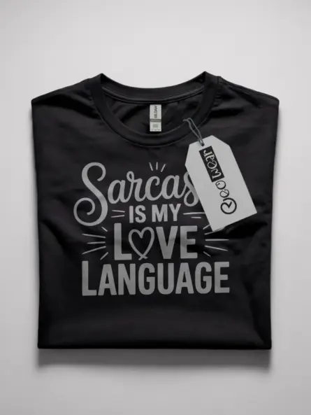black flatlay front view sarcasm love language t-shirt design
