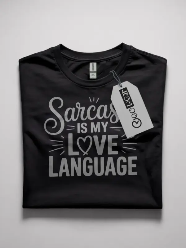 black flatlay front view sarcasm love language t-shirt design