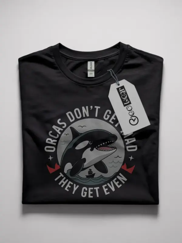 Black lifestyle photo orcas don’t get mad funny orca whale t-shirt