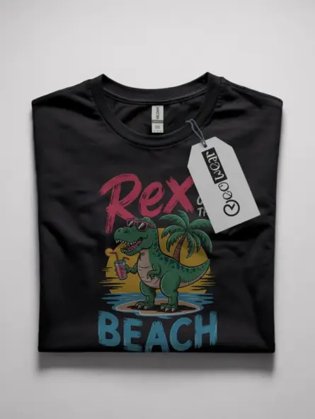 Black rex on the beach funny dinosaur beach t-shirt