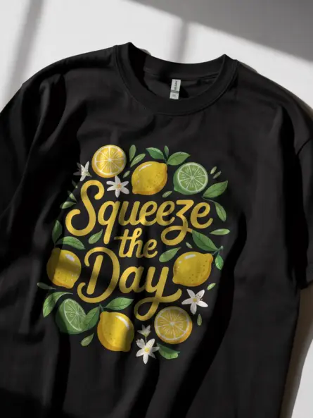 Black Squeeze The Day citrus summer graphic t-shirt