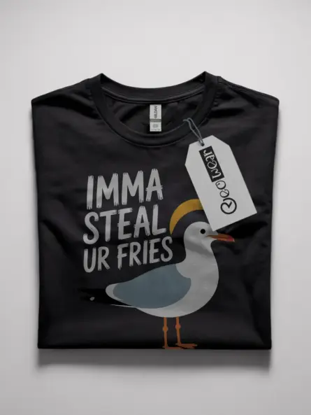 Black front view funny seagull t-shirt imma steal ur fries seagull shirt