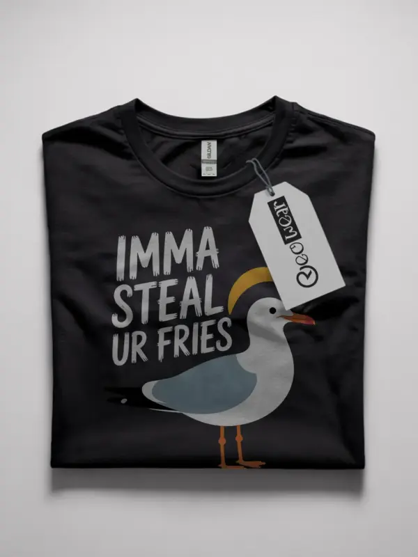 Black front view funny seagull t-shirt imma steal ur fries seagull shirt