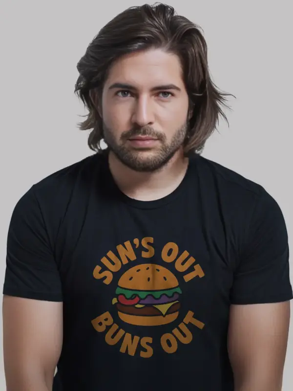 Black Sun's Out Buns Out Burger Tee front view – minimalist hamburger graphic tee