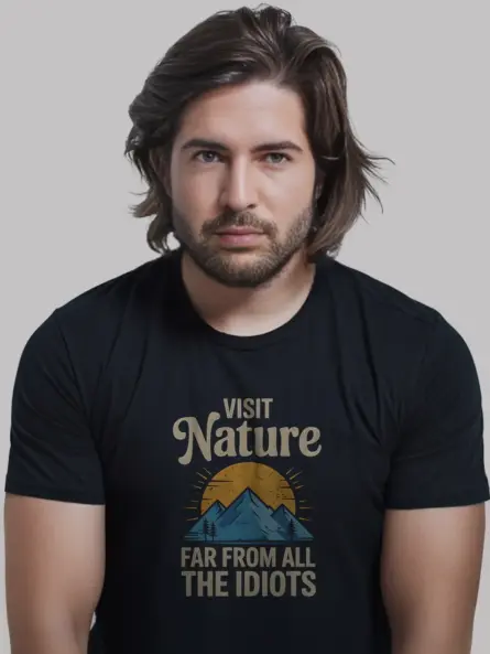 Black funny vintage nature escape t-shirt retro mountain design anti-social shirt front view