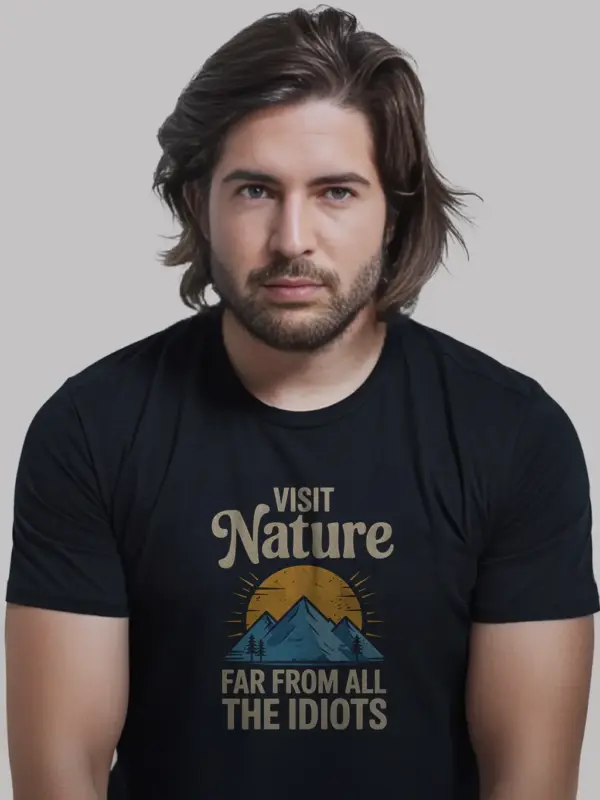 Black funny vintage nature escape t-shirt retro mountain design anti-social shirt front view