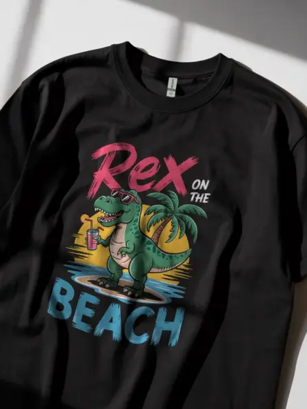 Black lifestyle image rex on the beach funny dinosaur beach t-shirt