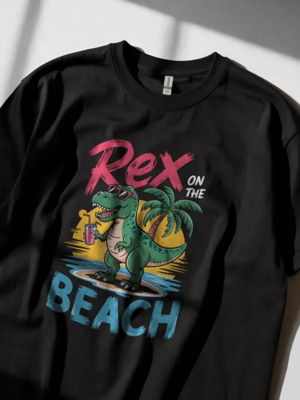 Black lifestyle image rex on the beach funny dinosaur beach t-shirt