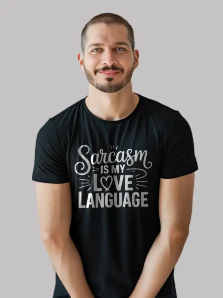 Black lifestyle shot witty humor apparel – sarcasm-love-language-t-shirt-black-