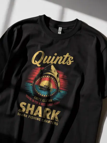 Black shot Quint's Shark Fishing Charters vintage shark fishing t-shirt