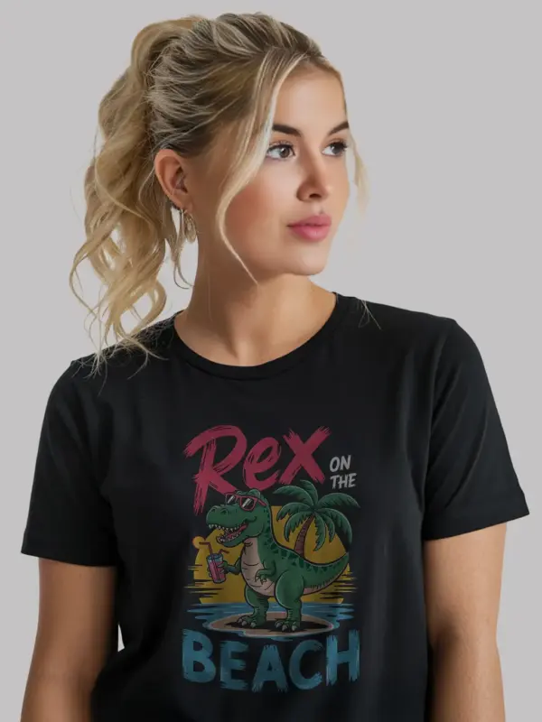 Black front view rex on the beach funny dinosaur beach t-shirt