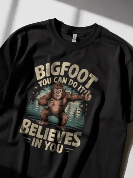 Black Bigfoot motivational t-shirt retro forest design side view
