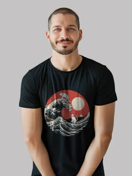 Black great wave cat t-shirt mount fuji cat shirt