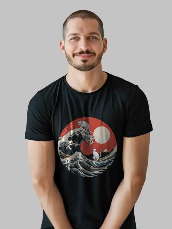 Black great wave cat t-shirt mount fuji cat shirt