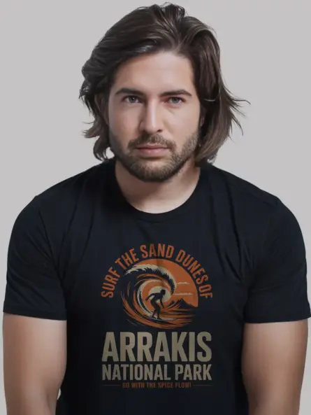 Black lifestyle shot Surf the Sand vintage desert surf t-shirt