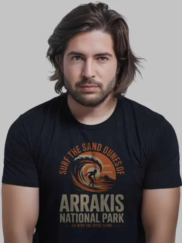 Black lifestyle shot Surf the Sand vintage desert surf t-shirt