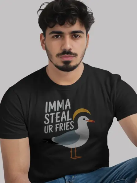 Black lifestyle view funny seagull t-shirt funny beach meme t-shirt with seagull