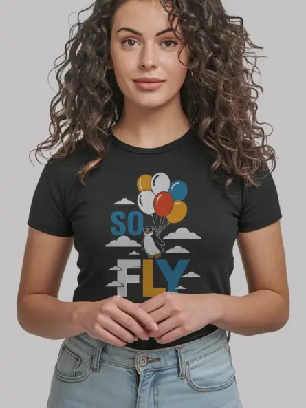 Black So Fly Penguin Graphic Tee lifestyle shot – playful penguin shirt
