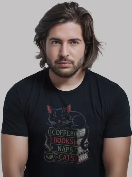 Book lovers shirt in black – cozy cat & coffee tee