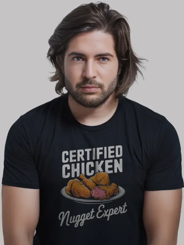 Certified chicken nugget expert shirt in black – funny foodie tee