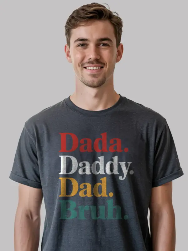 Dark Heather lifestyle view buy sarcastic dad titles black graphic tee humorous dad shirt red yellow teal text