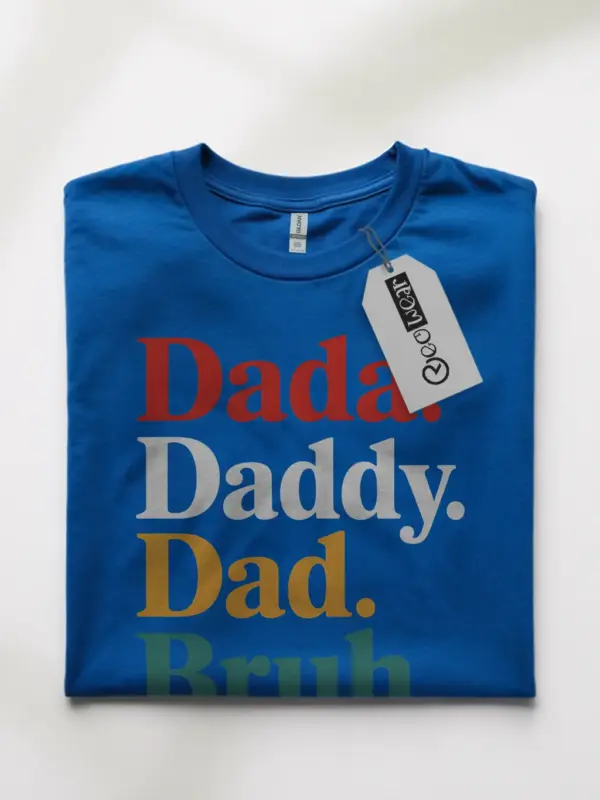 Royal Blue front view buy sarcastic dad titles black graphic tee humorous dad shirt red yellow teal text