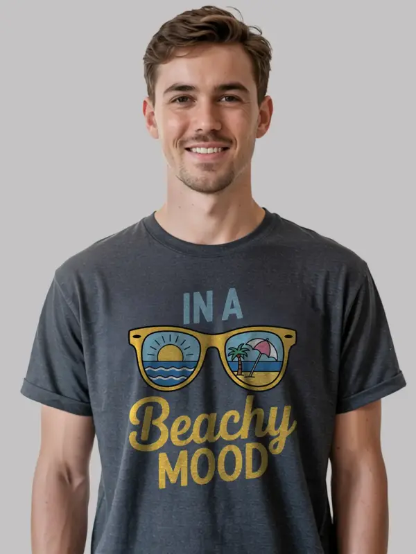 Dark heather lifestyle image of beachy mood t-shirt – ocean lover t-shirt with sunglasses print