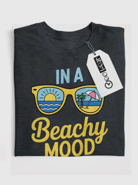 Dark heather front view of beachy mood t-shirt – coastal living inspired beach tee with palm trees