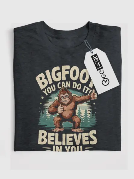 Dark Heather Bigfoot motivational t-shirt buy Bigfoot believes in you t-shirt front view