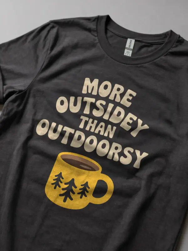 Dark Heather Cozy Camper T-Shirt aesthetic nature lover tee with coffee mug