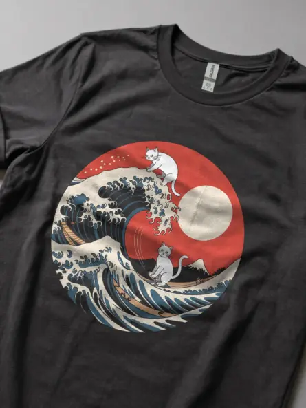Dark Heather great wave cat t-shirt minimalist cat graphic tee