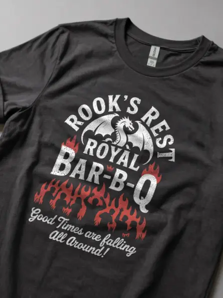 Dark Heather House of the Dragon BBQ T-Shirt fire and flames graphic tee side view