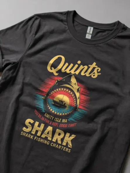 Dark Heather back view Quint's Shark Fishing Charters vintage shark fishing t-shirt