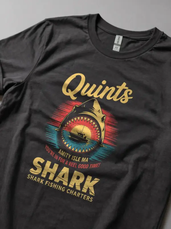 Dark Heather back view Quint's Shark Fishing Charters vintage shark fishing t-shirt