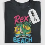 Dark heather front view rex on the beach funny dinosaur beach t-shirt